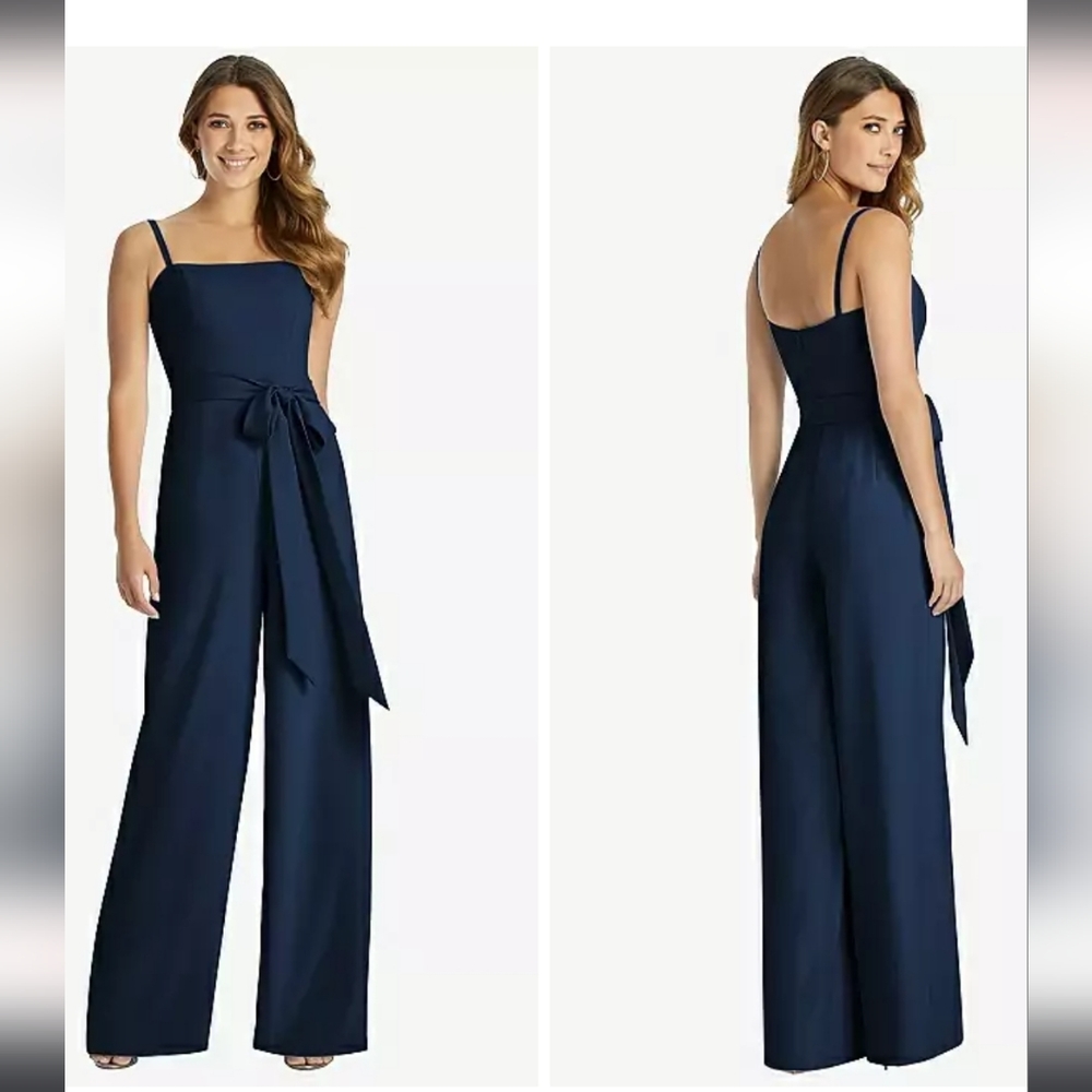 Dessy Collection Alana Spaghetti Strap Crepe Jumpsuit With Sash In Midni…